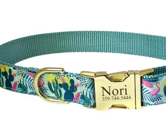 1" Summer Cacti Personalized Collar  | Floral Dog Collar | Made in the USA | Tagless ID tag