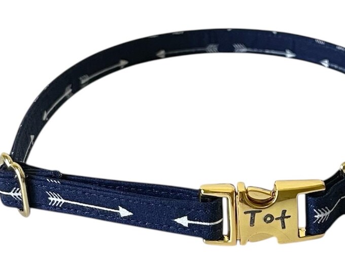 3/8" Dainty Navy Arrow Personalized Collar. Handmade in USA. Fabric Style. Tagless Dog ID