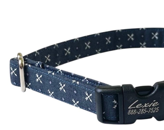 Navy Tiny Cross Arrow Personalized Collar. Handmade in USA. Fabric Style. Tagless Dog ID.