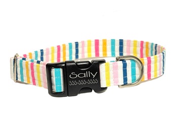 Summer Stripes Personalized Collar. Handmade in USA. Fabric Style. Tagless Dog ID.