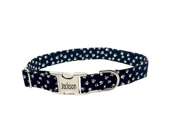 Dog Paw Print Personalized Collar | Laser Engraved Dog Collar | Fabric Style | Tagless Dog ID