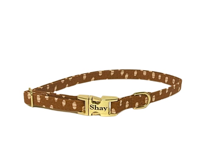 3/8" Dainty Caramel Dotty Personalized Collar. Handmade in USA. Fabric Style. Tagless Dog ID