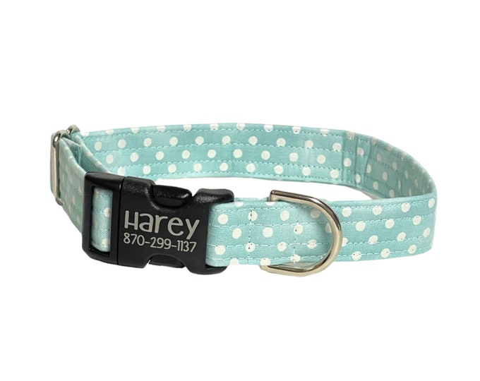 Blue Polka Dot Personalized Collar. Handmade in USA. Fabric Style. Tagless Dog ID