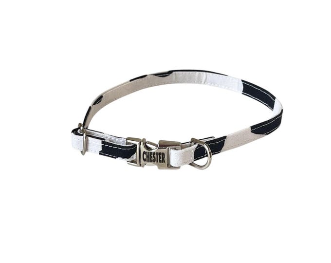 3/8" Dainty Cow Print Personalized Collar. Handmade in USA. Fabric Style. Tagless Dog ID