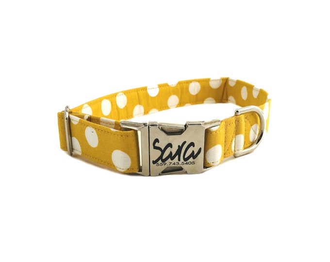 Yellow Polka Dot Personalized Collar. Handmade in USA. Fabric Style. Tagless Dog ID