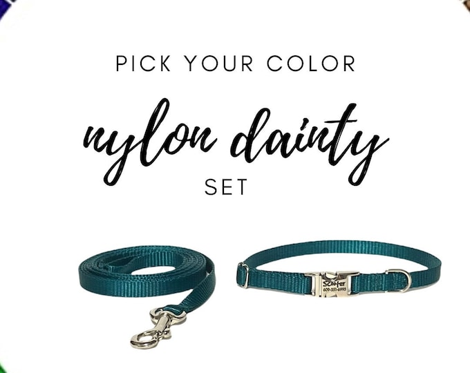 Pick your Color Dainty Nylon Collar Leash Set. 3/8" Wide. Handmade in USA