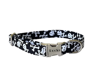 5/8" Skull and Bones Collar. Personalization is Optional. Tagless Dog ID