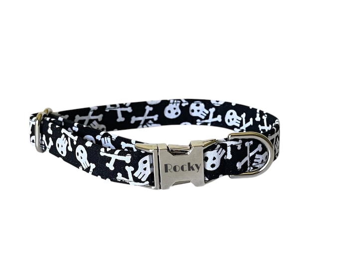 5/8" Skull and Bones Personalized Collar. Handmade in USA. Fabric Style. Tagless Dog ID