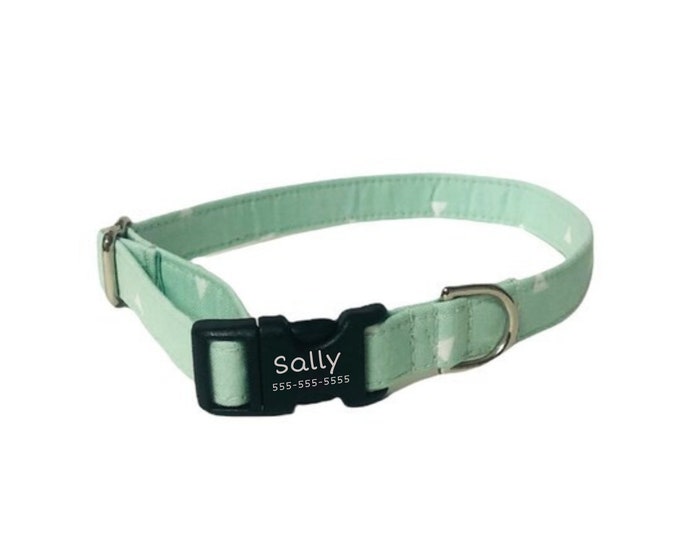 Mint Triangle Personalized Collar. Handmade in USA. Fabric Style. Tagless Dog ID
