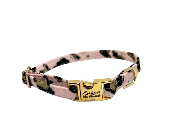 3/8" Dainty Pink Leopard Print Personalized Collar. Handmade in USA. Fabric Style. Tagless Dog ID