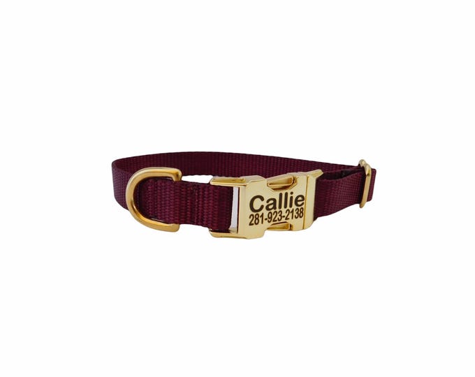 Burgundy Nylon Dog Collar | Personalization Optional | Tagless ID tag