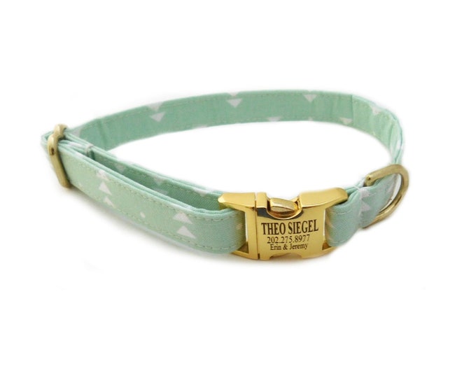 Mint Geo Personalized Collar. Handmade in USA. Fabric Style. Tagless Dog ID