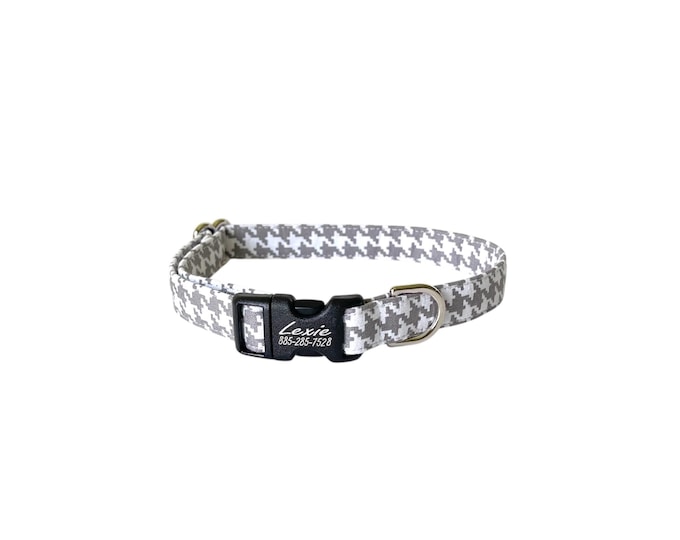 5/8" Gray Houndstooth Personalized Collar. Handmade in USA. Fabric Style. Tagless Dog ID