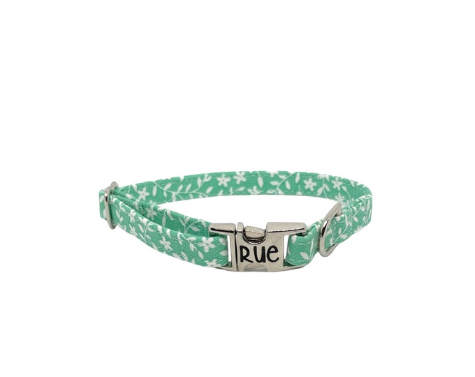 3/8” Dainty Aqua Floral Pup Personalized Collar. Handmade in USA. Fabric Style. Tagless Dog ID