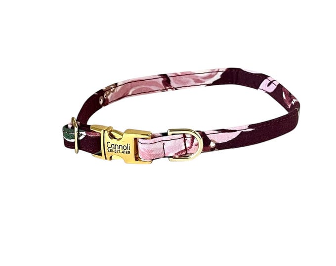 3/8" Dainty Burgundy Floral Personalized Collar. Handmade in USA. Fabric Style. Tagless Dog ID