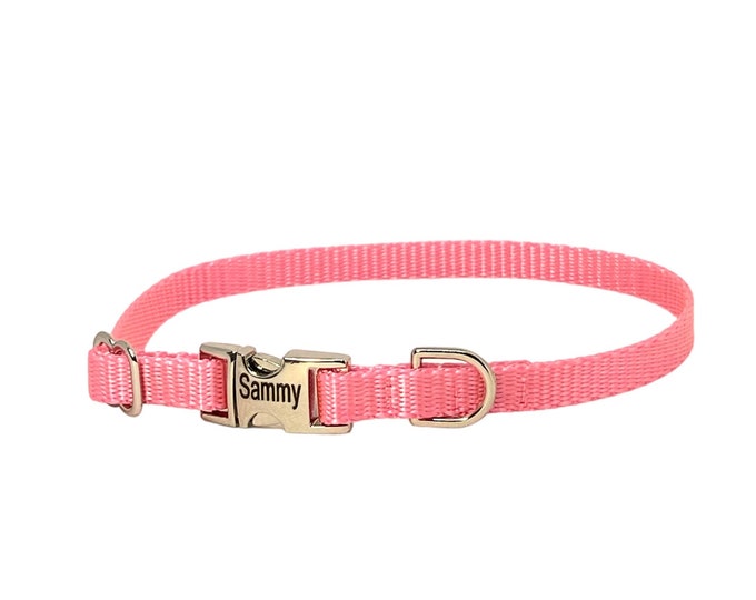3/8" Dainty Personalized Collar - Pink - Handmade in USA. Tagless Dog ID