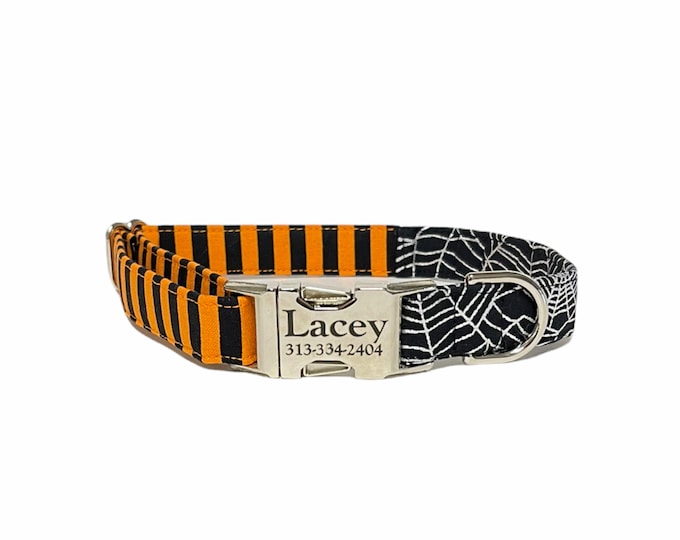 Halloween Patchwork “ Spiderweb”  Dog Personalized Collar, Halloween Autumn Collars. Handmade in USA.