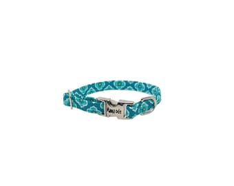 3/8" Dainty Teal Ogee Babushka Collar  - personalized dog collar - tiny collar in xxs to small
