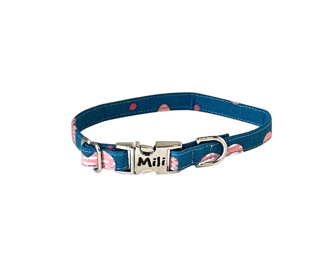 3/8" Dainty Burgundy Floral Personalized Collar. Handmade in USA. Fabric Style. Tagless Dog ID