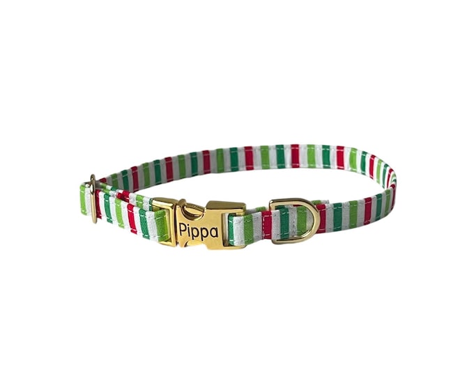3/8" Dainty Candy Cane Striped Personalized Collar. Handmade in USA. Fabric Style. Tagless Dog ID