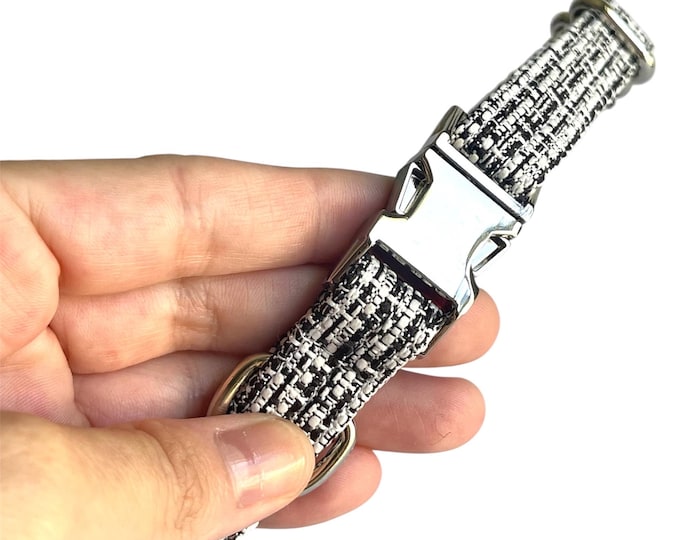 Black White Tweed Personalized Collar. Handmade in USA. Fabric Style. Tagless Dog ID.