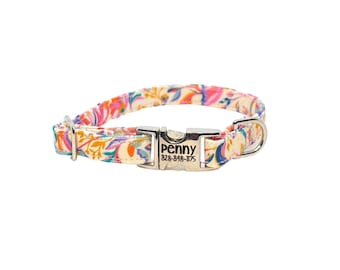 3/8" Dainty Antique Floral Personalized Collar. Handmade in USA. Fabric Style. Tagless Dog ID