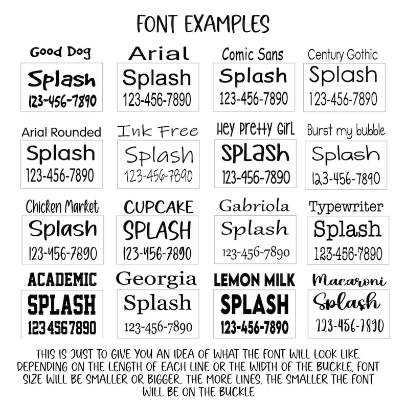 Puede incluir: Un gr&aacute;fico que muestra diferentes estilos y tama&ntilde;os de fuente para una etiqueta de perro personalizada. El texto en el gr&aacute;fico dice "FONT EXAMPLES" e incluye el n&uacute;mero de tel&eacute;fono "123-456-7890".