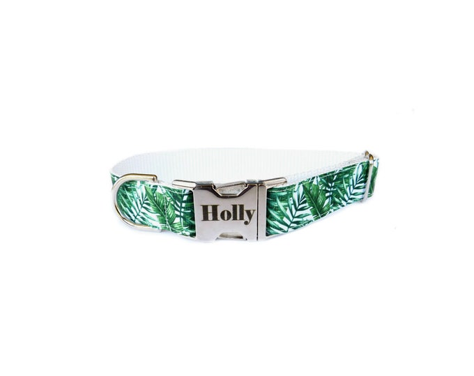 Palm Leaf Dog Collar. Tropical Print. Handmade in USA. Tagless ID tag