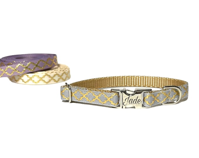 3/8” Dainty Gold Quatrefoil Personalized Dog Collar. Handmade in the USA