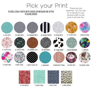 Puede incluir: Una tabla de muestras de tela con diferentes patrones y colores. Las muestras est&aacute;n etiquetadas con n&uacute;meros y nombres, como "Puntos turquesa", "Puntos grises", "Dientes de perro", "Rayas negras", "Puntos negros", "Floral amarillo", "Floral azul", "Floral melocot&oacute;n", "Floral verde", "Puntos caramelo", "Huesos de perro", "Impresi&oacute;n de vaca", "Prado azul", "Tropical", "Floral ciruela", "Floral parisino", "Punto blanco/negro", "Babushka", "Tribal &oacute;xido boho", "Rosa de bayas", "Floral malva", "Paisley rojo", "Floral aguamarina", "Estrellas de la marina", y "Leopardo rosa".