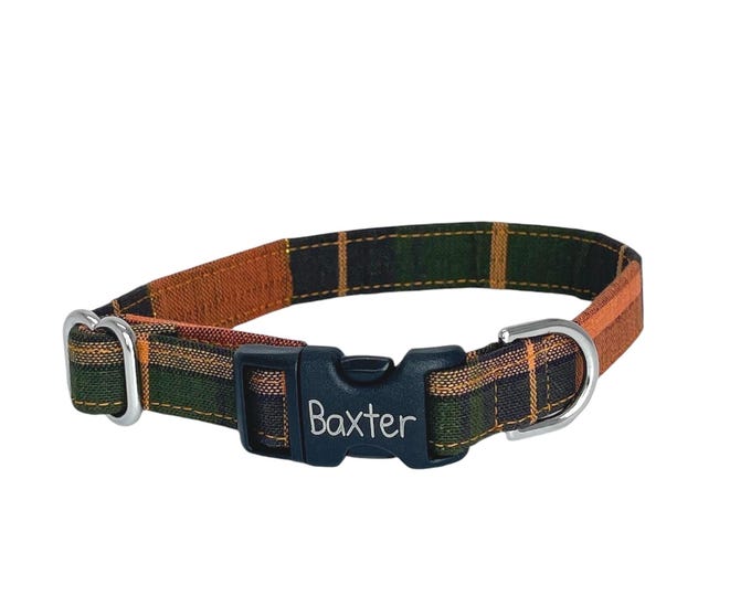 Cozy Fall Plaid Dog Personalized Collar, Halloween Autumn Collars. Handmade in the USA