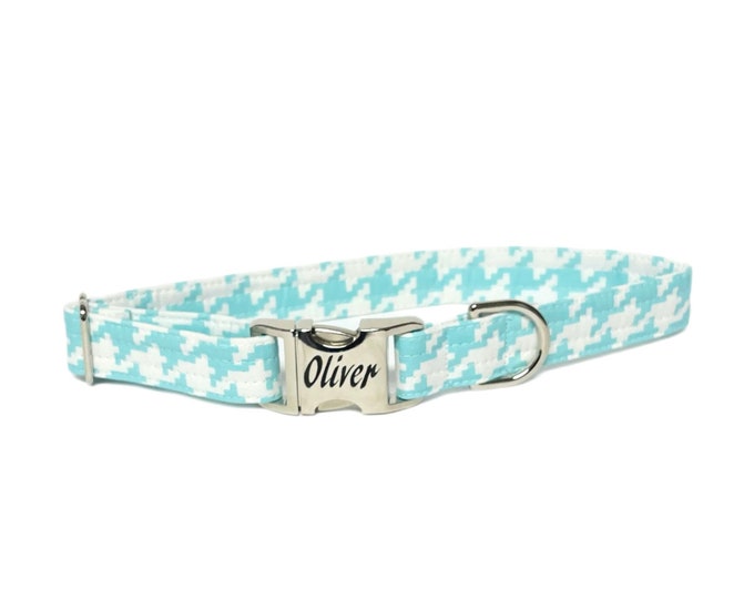 Aqua Houndstooth Personalized Collar. Handmade in USA. Fabric Style. Tagless Dog ID.