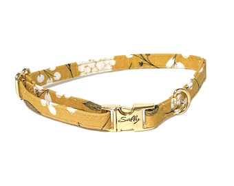3/8" Dainty Yellow Floral Personalized Collar. Handmade in USA. Fabric Style. Tagless Dog ID