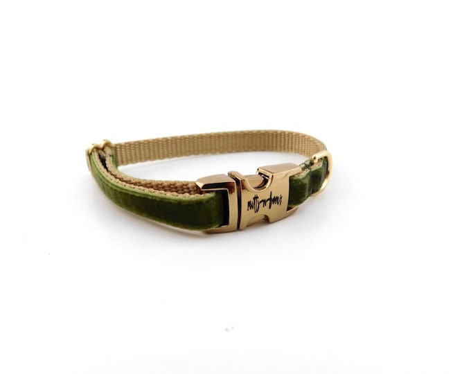 3/8" Dainty Velvet Collar in Moss Green. Tiny Lightweight Thin Collar. Made in the USA