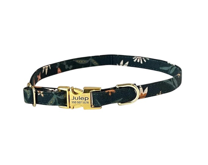 3/8” Dainty Green Floral Pup Personalized Collar. Handmade in USA. Fabric Style. Tagless Dog ID