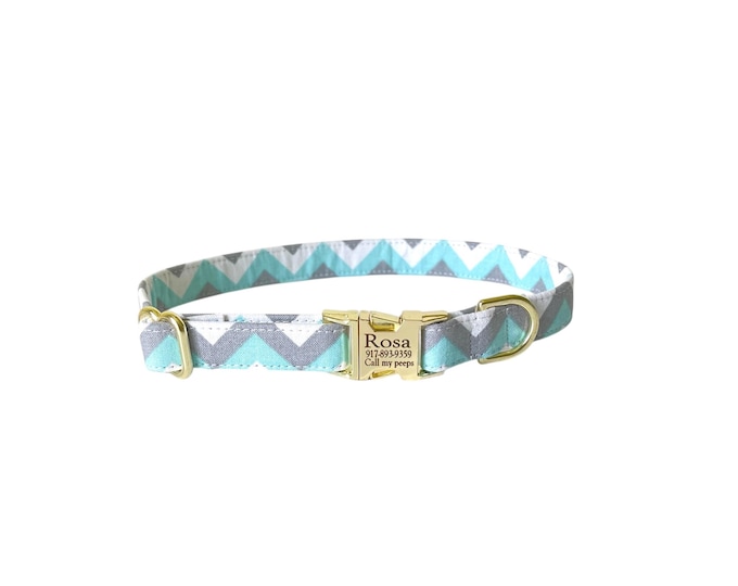 5/8" Blue Chevron Personalized Collar. Handmade in USA. Fabric Style. Tagless Dog ID