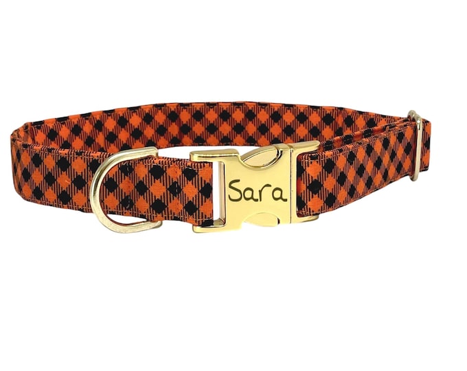 Fall Orange Plaid Personalized Collar, Halloween Autumn Collars. Handmade in the USA