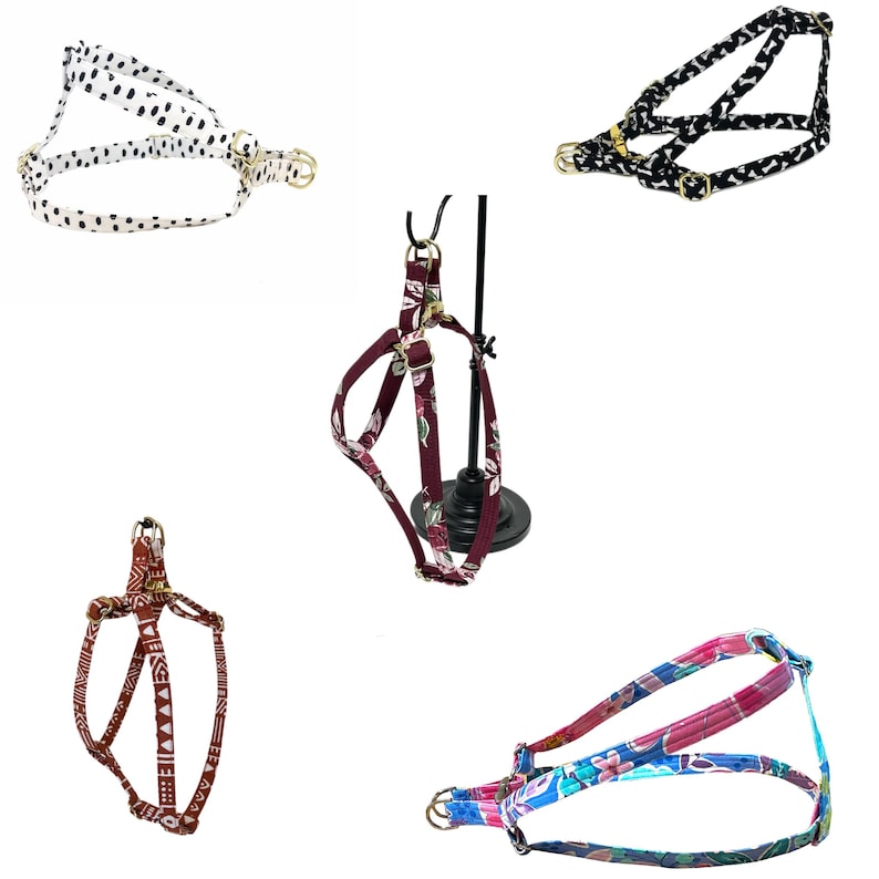 Peut inclure: Cinq harnais pour chien diff&eacute;rents avec des motifs vari&eacute;s. Les harnais sont en tissu et ont des sangles r&eacute;glables. Les harnais sont de diff&eacute;rentes couleurs, notamment noir, blanc, rouge et bleu.