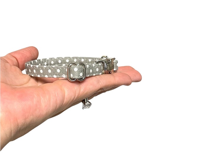 3/8” Dainty Gray Polka Dot Pup Personalized Collar. Handmade in USA. Fabric Style. Tagless Dog ID