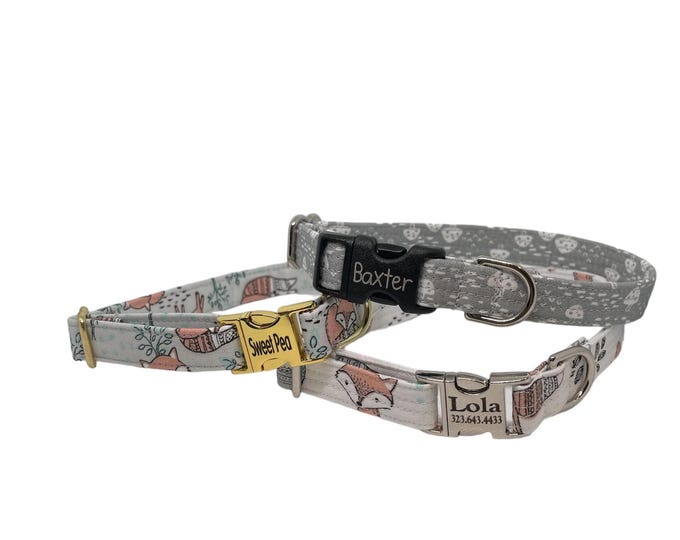 Woodland Creatures Personalized Collar | Laser Engraved Dog Collar | Fabric Style | Tagless Dog ID