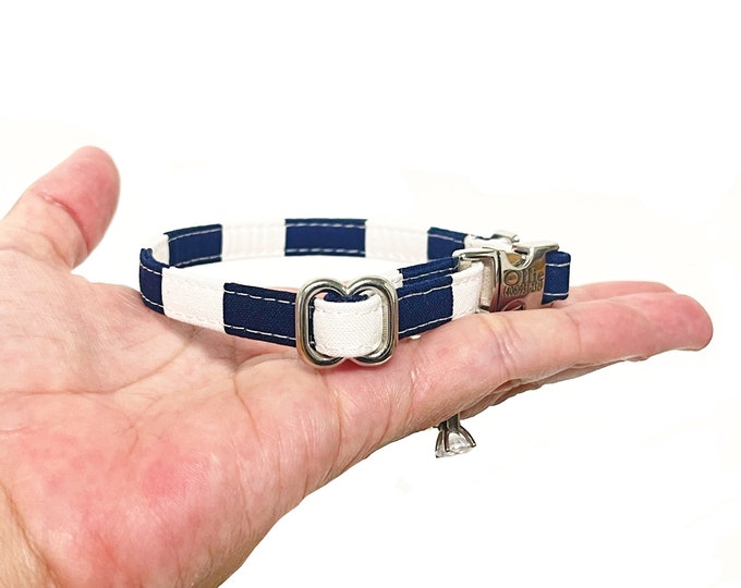 3/8" Dainty Navy White Stripes Personalized Collar. Handmade in USA. Fabric Style. Tagless Dog ID