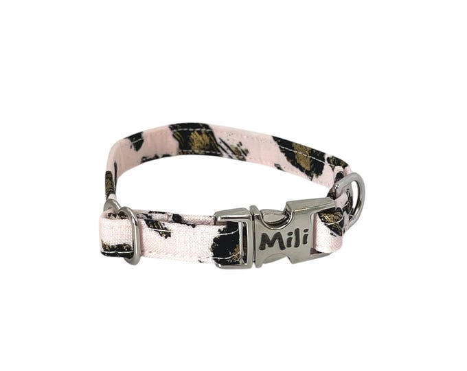 3/8" Dainty Pink Animal Print Personalized Collar. Cheetah. Leopard. Handmade in USA. Fabric Style. Tagless Dog ID