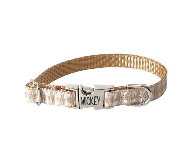 3/8" Dainty Beige Tan Gingham personalized dog collar. Handmade in the USA