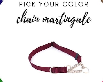 Chain Martingale.Pick your Color. Over 17 colors. No buckle Nylon Dog Collar-Made in USA