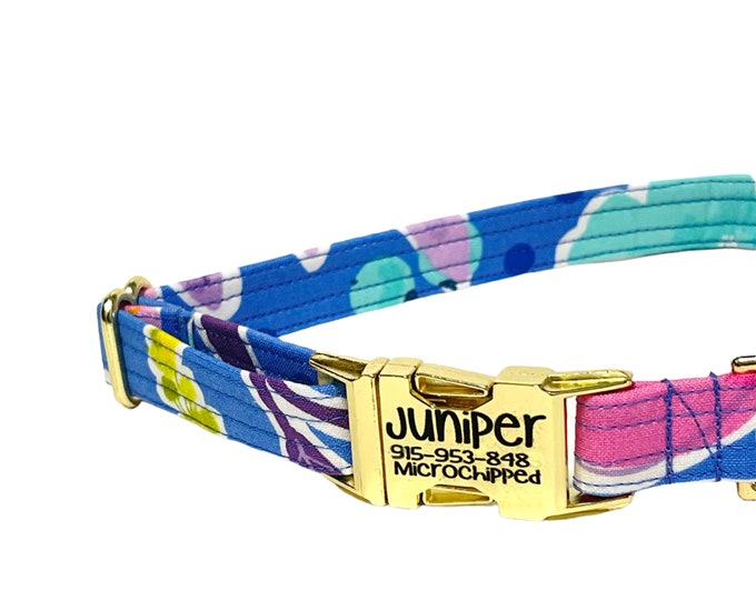 Blue Tropical Personalized Collar. Handmade in USA. Fabric Style. Tagless Dog ID
