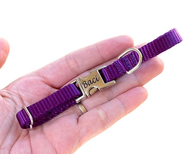 3/8" Dainty Nylon Personalized Collar -Purple. Handmade in USA. Tagless dog ID