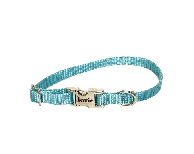 3/8" Dainty Personalized Collar - Ocean Blue - Handmade in USA. Tagless Dog ID