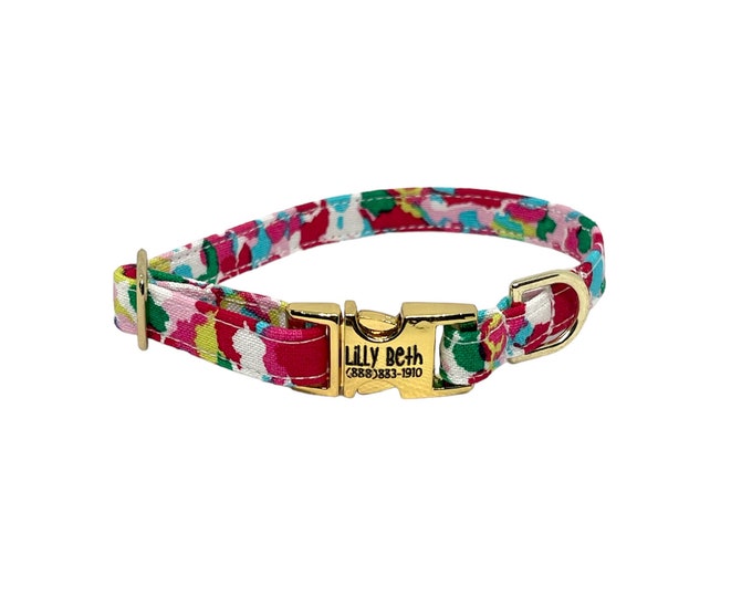 3/8" Dainty Vibrant Floral Personalized Collar. Handmade in USA. Fabric Style. Tagless Dog ID