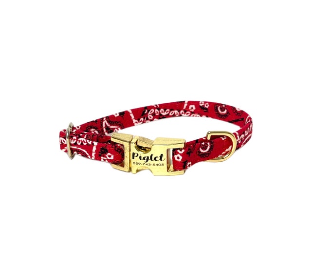 3/8" Dainty Red Paisley Personalized Collar. Handmade in USA. Fabric Style. Tagless Dog ID
