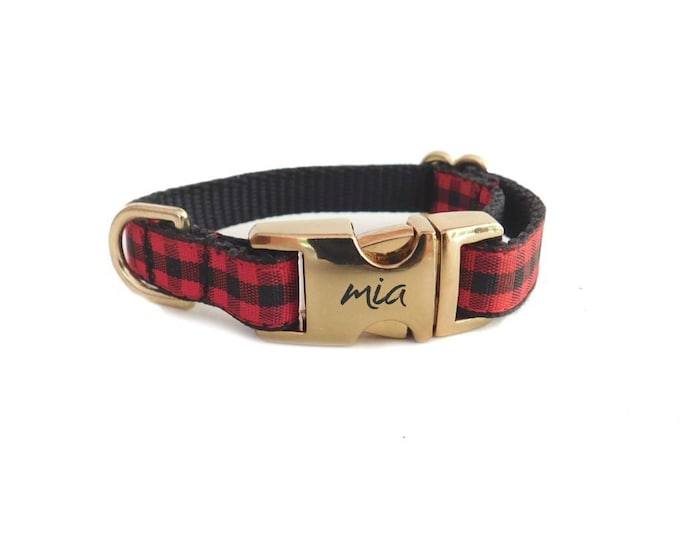 3/8" Dainty Red Buffalo Plaid personalized dog collar. Handmade in the USA